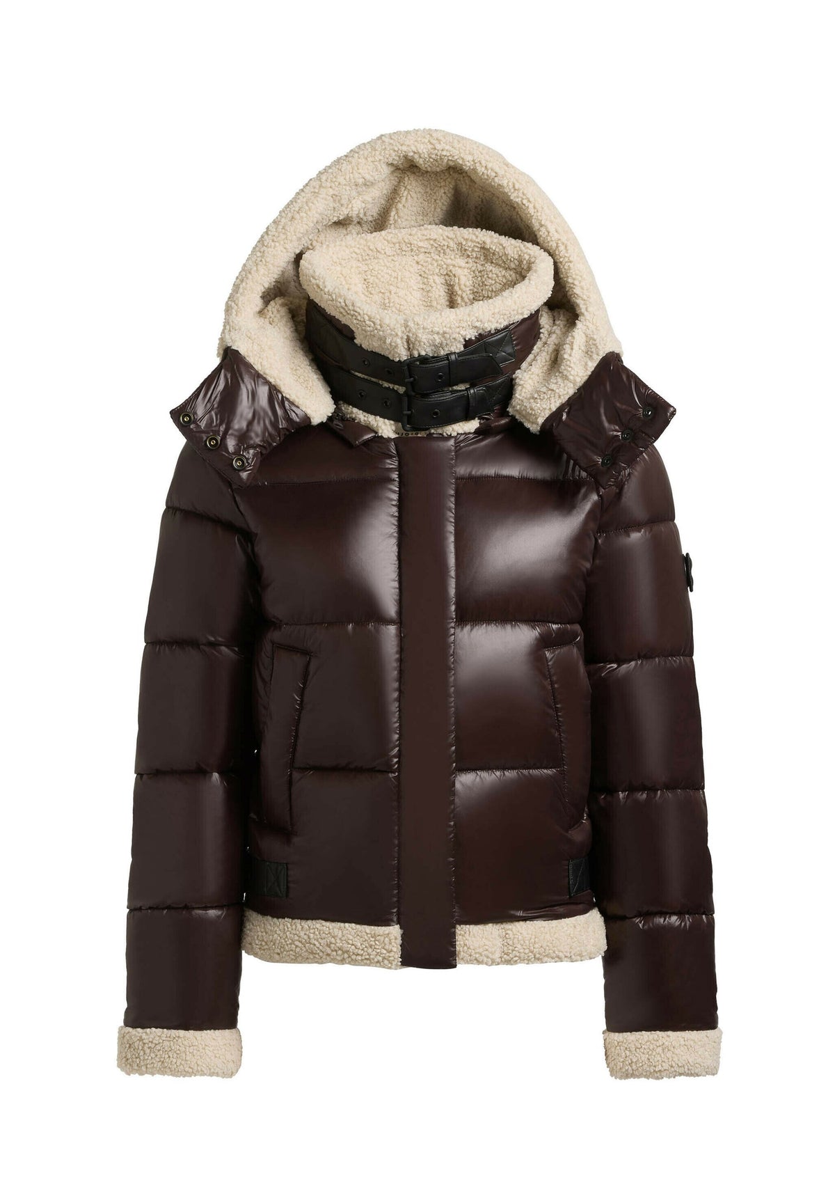 Agnes, kurze Pufferjacke in Dunkelbraun mit Kunstfelldetails, Produktfoto