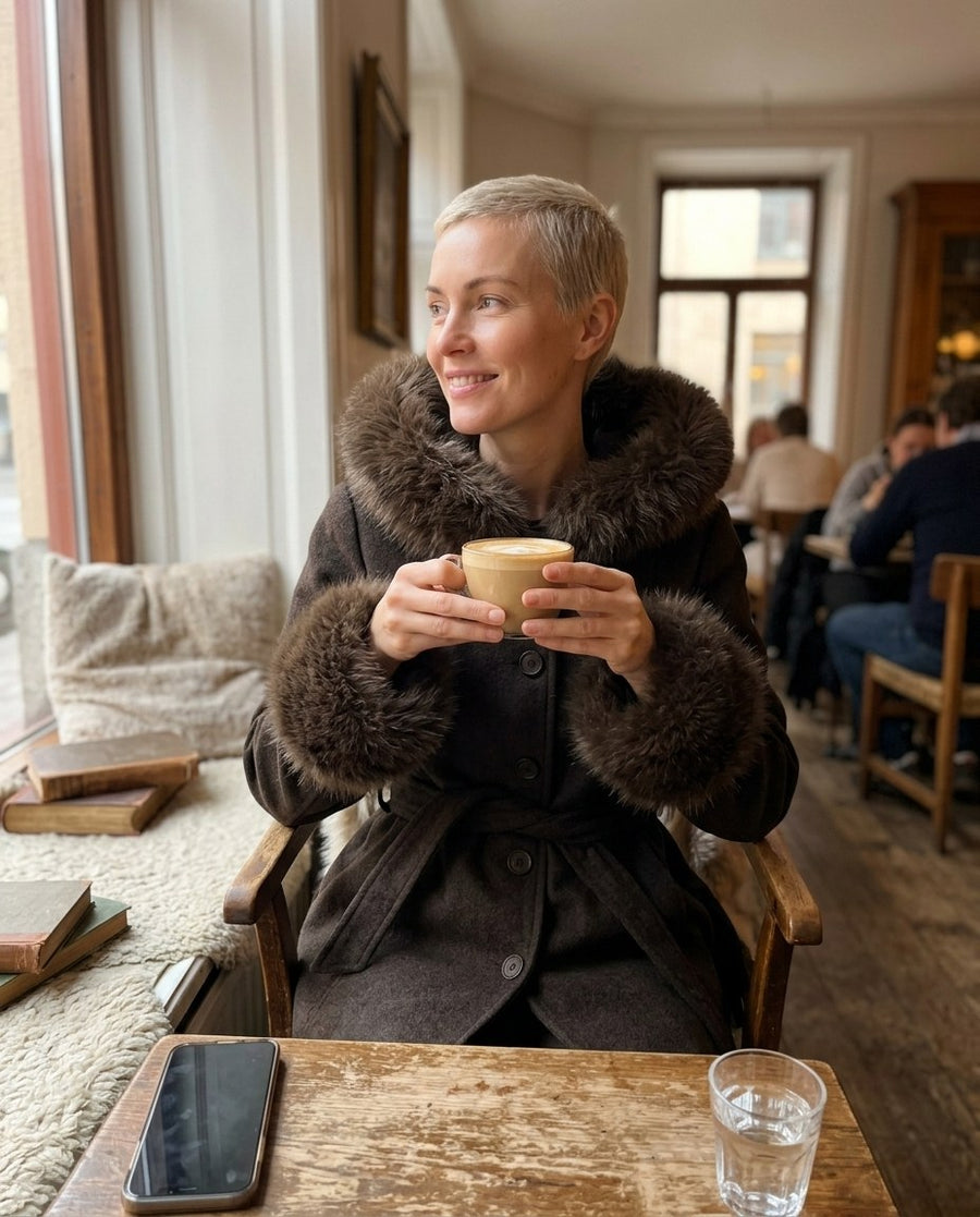 Brun kappa med fuskpälsmuddar på ett kafé