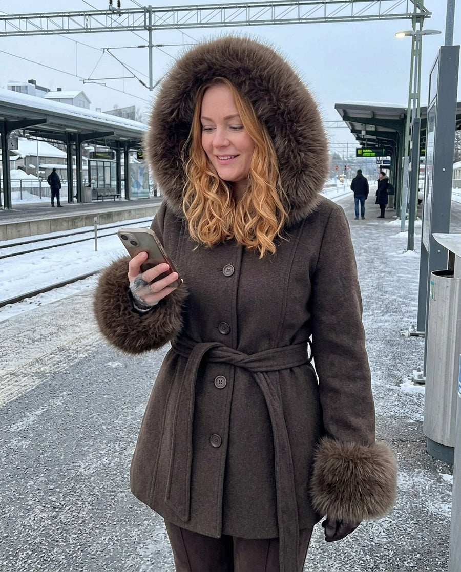 Brun kappa med huvan uppe på en snöig perrong