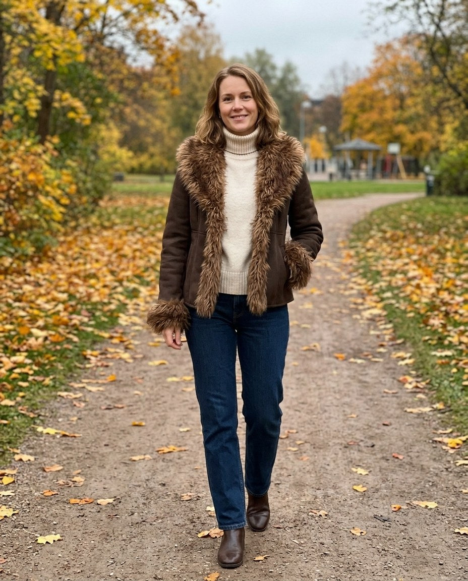 Nora, Damenjacke in Wildlederoptik mit Kunstfellbesatz, Styling-Idee: Spaziergang im Park, mit Boots