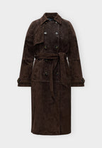 Edith, langer Trenchcoat in dunkelbrauner Wildlederoptik, Produktfoto