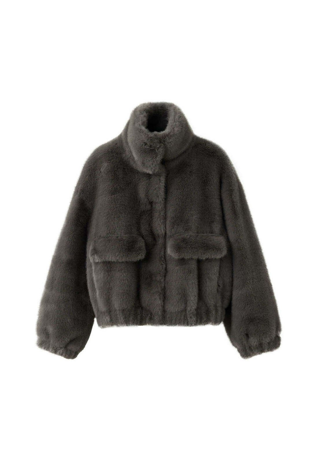 Hedda, kurze Jacke aus weichem Kunstfell in Grau, Produktfoto