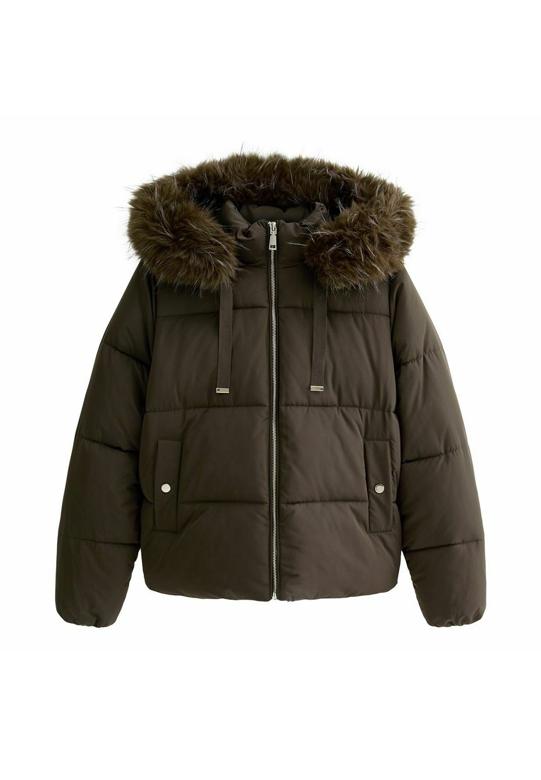 Ida, kurze Pufferjacke in Khaki mit Kunstfellkapuze, Produktfoto