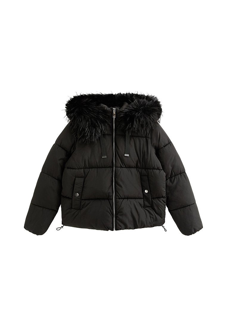 Ida, kurze Pufferjacke in Schwarz mit Kunstfellkapuze, Produktfoto