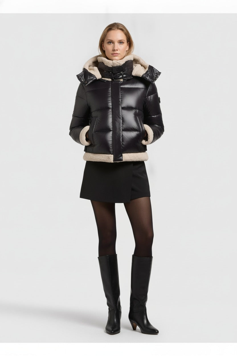 Ingrid, kurze Pufferjacke in Schwarz mit Teddyfutter, von vorne