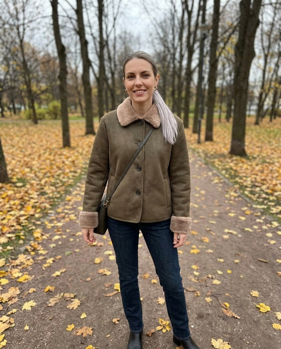 Elsa, kort damjacka i mockalook med teddykrage i olivbrun, stylinginspiration i en höstpark