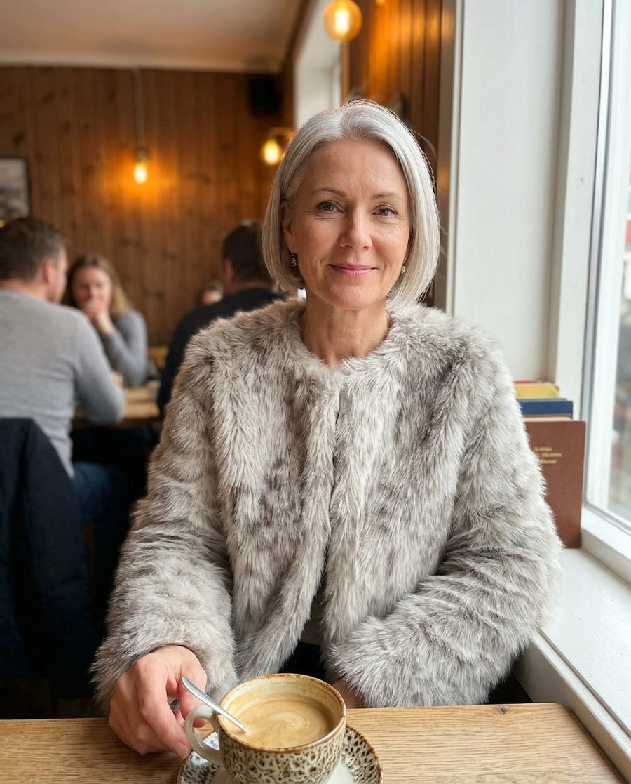 Kurze Kunstfelljacke mit Animal-Print für Damen – Maja, Styling-Idee: Auf einen Kaffee, mit Strickpulli darunter