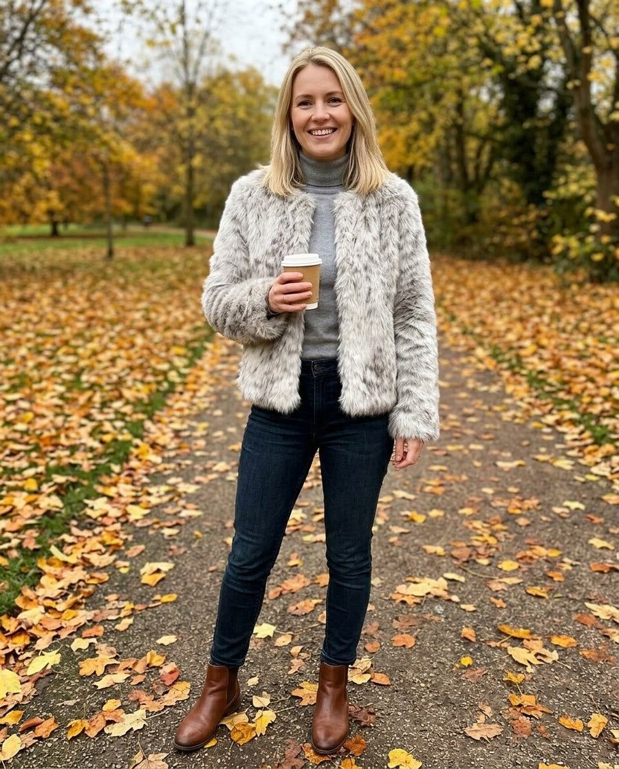 Kurze Kunstfelljacke mit Animal-Print für Damen – Maja, Styling-Idee: Spaziergang im Park, mit Boots