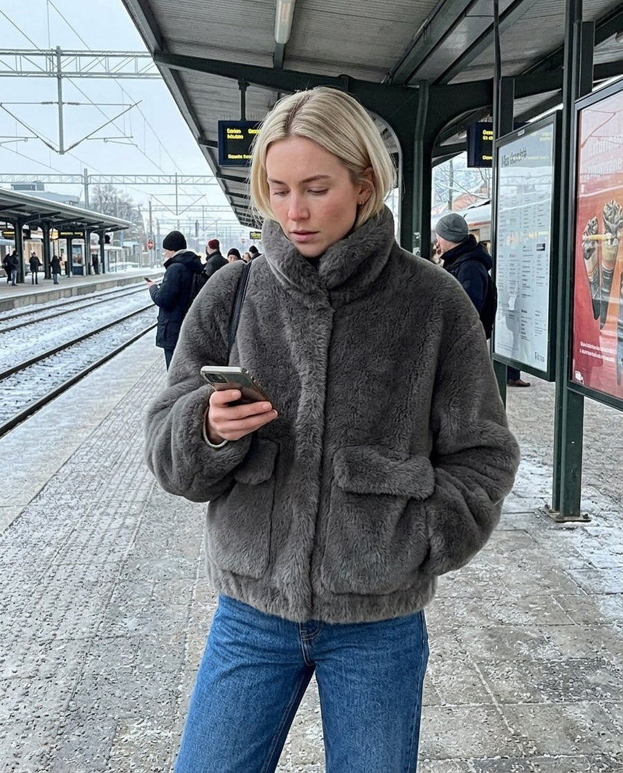 Kurze Jacke aus weichem Kunstfell für Damen – Hedda, Styling-Idee: Auf dem Weg zur Arbeit