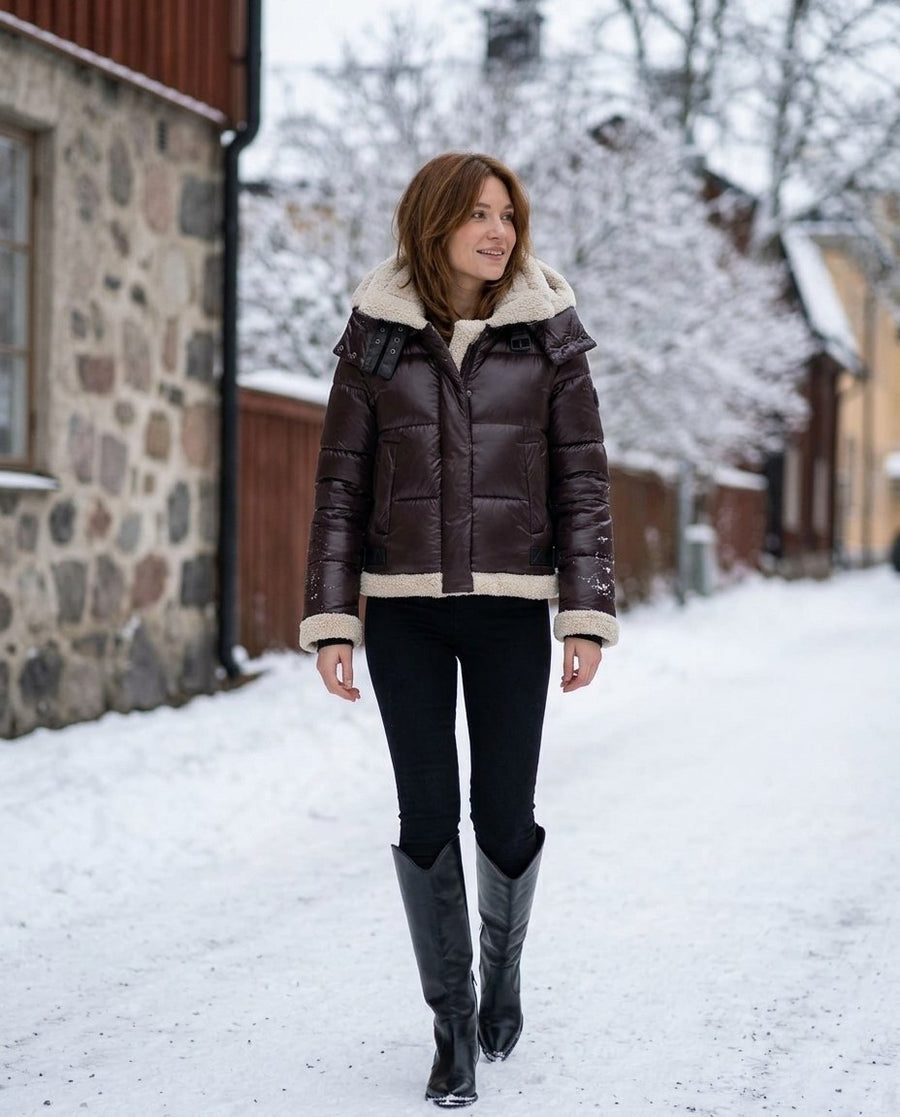 Agnes, kort pufferjacka med fuskpälsdetaljer för dam i mörkbrun, stylinginspiration på en snöig gata