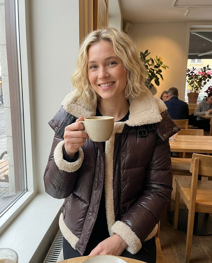 Agnes, kort pufferjacka med fuskpälsdetaljer för dam i mörkbrun, stylinginspiration på ett kafé