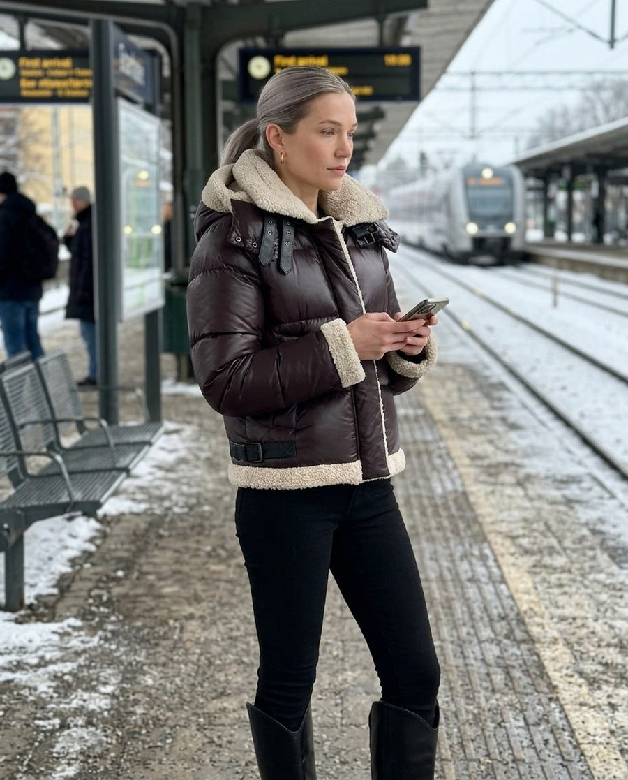 Agnes, kort pufferjacka med fuskpälsdetaljer för dam i mörkbrun, stylinginspiration på en perron