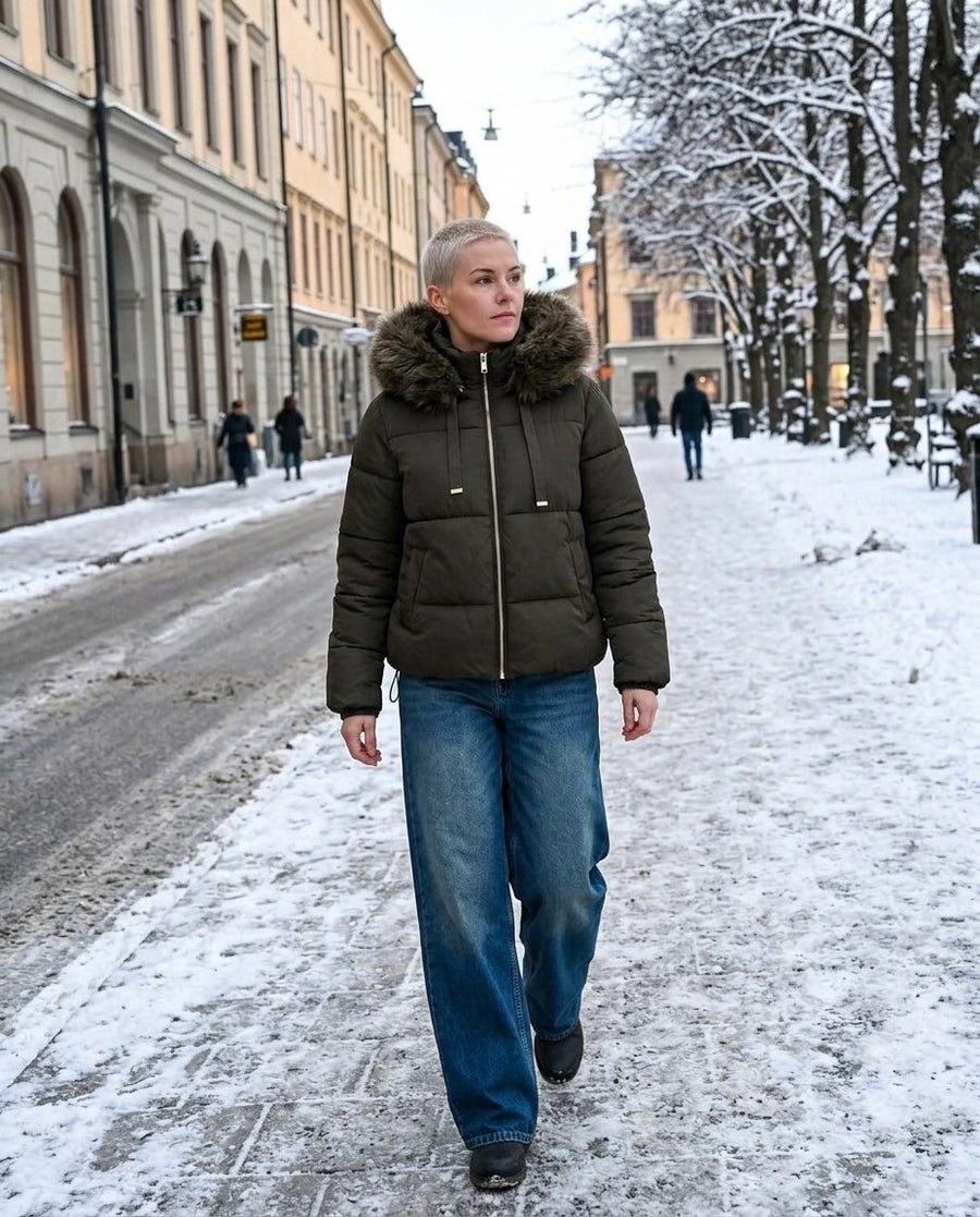 Ida, kort pufferjacka med fuskpälshuva för dam i khaki, stylinginspiration på en snöig gata