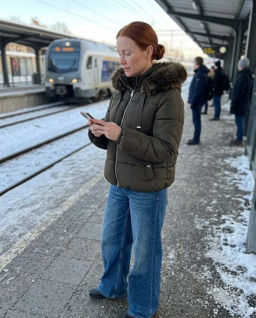 Ida, kort pufferjacka med fuskpälshuva för dam i khaki, stylinginspiration på en perron