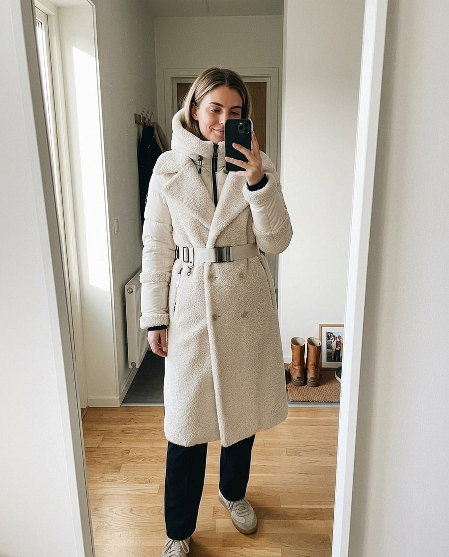 Sigrid, lång 2-i-1-kappa i teddy med avtagbar innerjacka för dam i gräddvit, stylinginspiration spegelbild i hallen