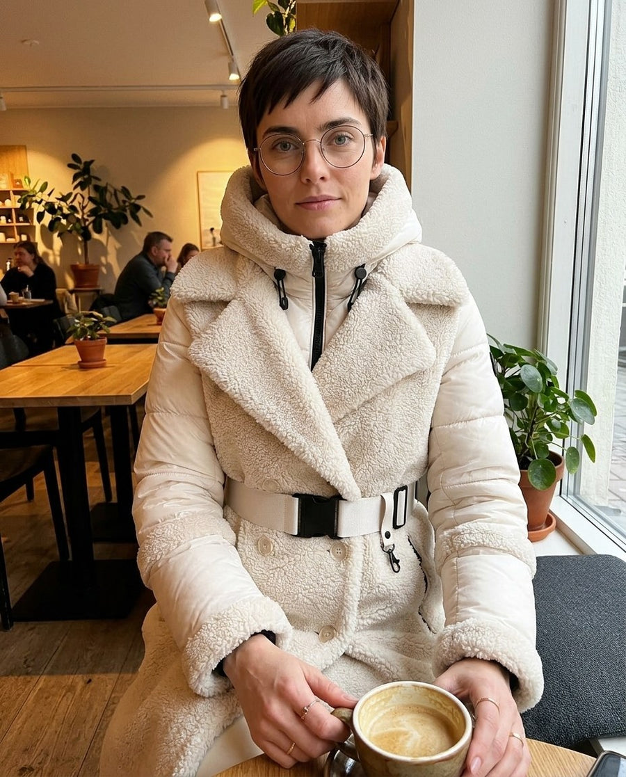 Sigrid, lång 2-i-1-kappa i teddy med avtagbar innerjacka för dam i gräddvit, stylinginspiration på ett kafé