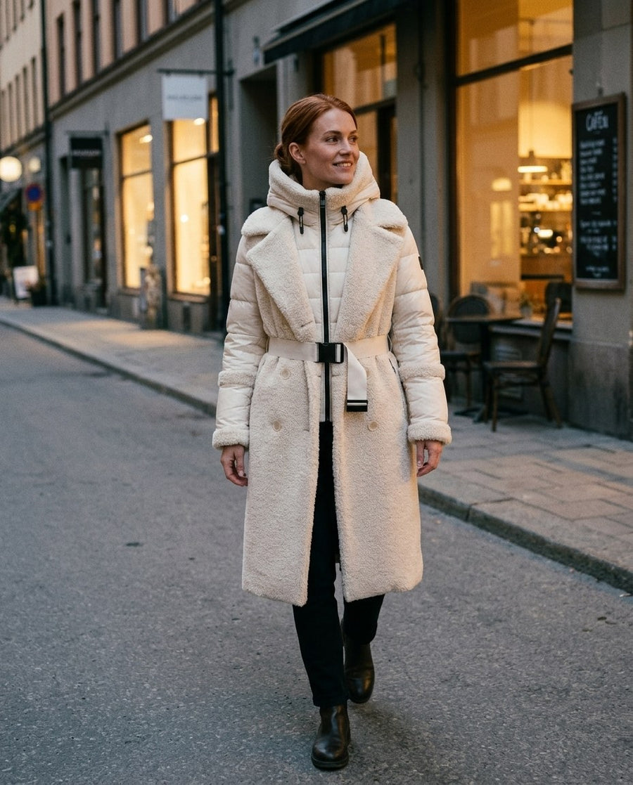 Sigrid, lång 2-i-1-kappa i teddy med avtagbar innerjacka för dam i gräddvit, stylinginspiration en kväll i stan