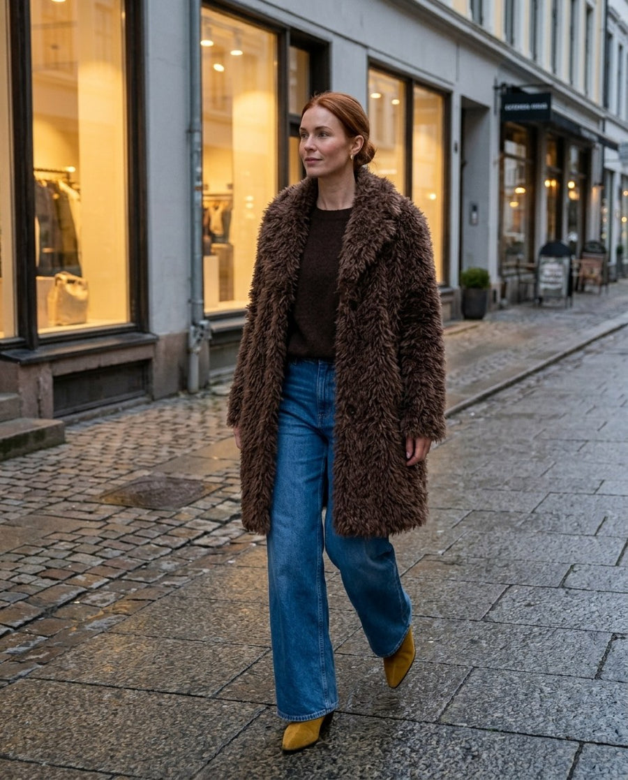 Saga, lång fuskpälskappa för dam i brun, stylinginspiration en kväll i stan