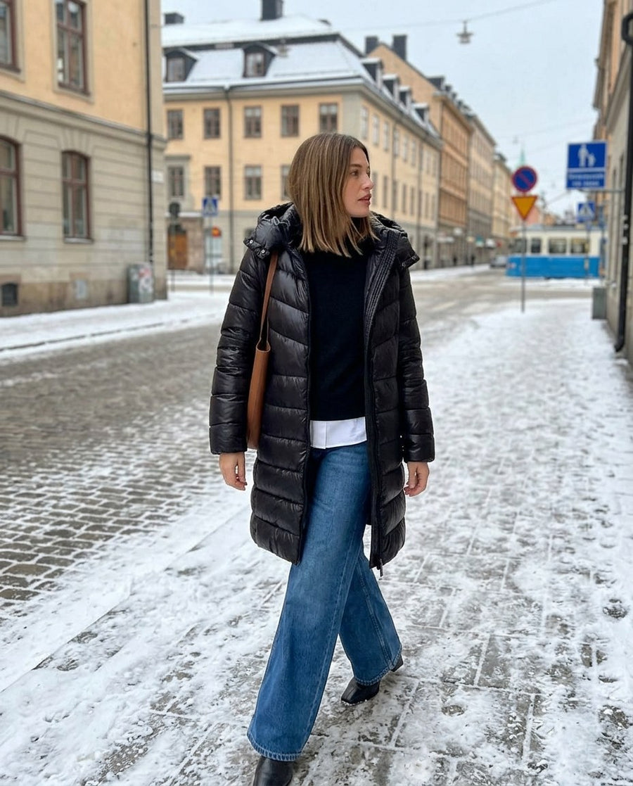 Vera, lång pufferkappa med huva för dam i svart, stylinginspiration på en snöig gata