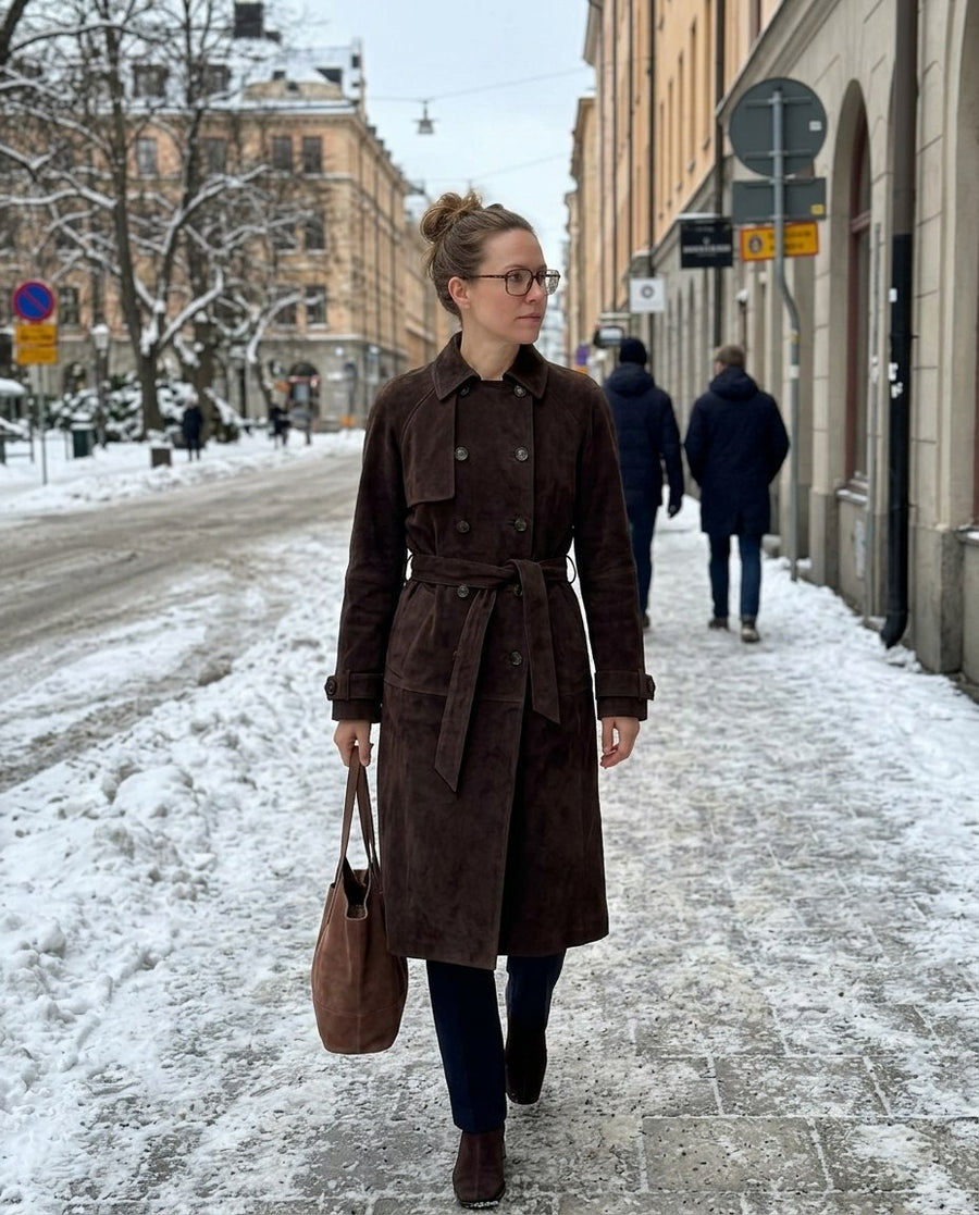 Edith, lång trenchcoat i mockaimitation för dam i mörkbrun, stylinginspiration på en snöig gata