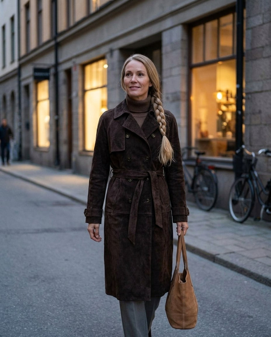 Edith, lång trenchcoat i mockaimitation för dam i mörkbrun, stylinginspiration en kväll i stan