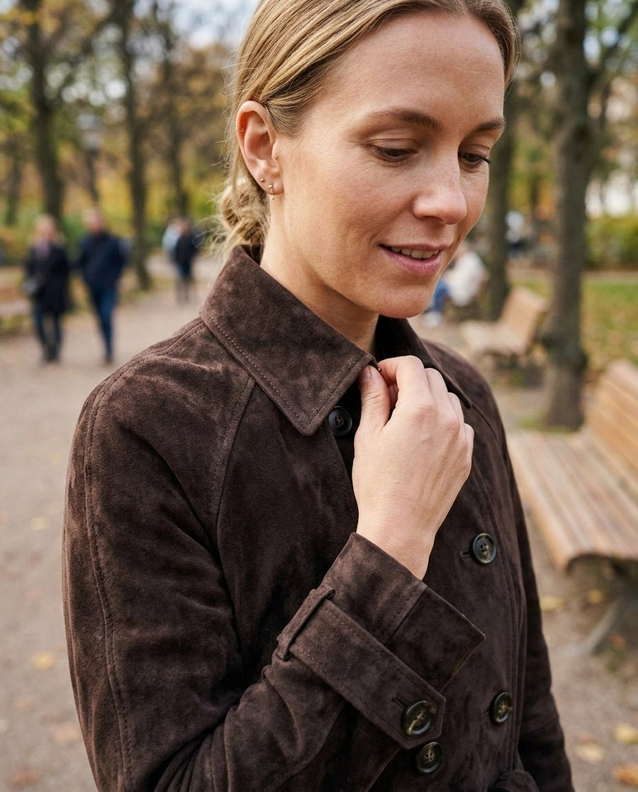 Edith, lång trenchcoat i mockaimitation för dam i mörkbrun, stylinginspiration närbild på materialet