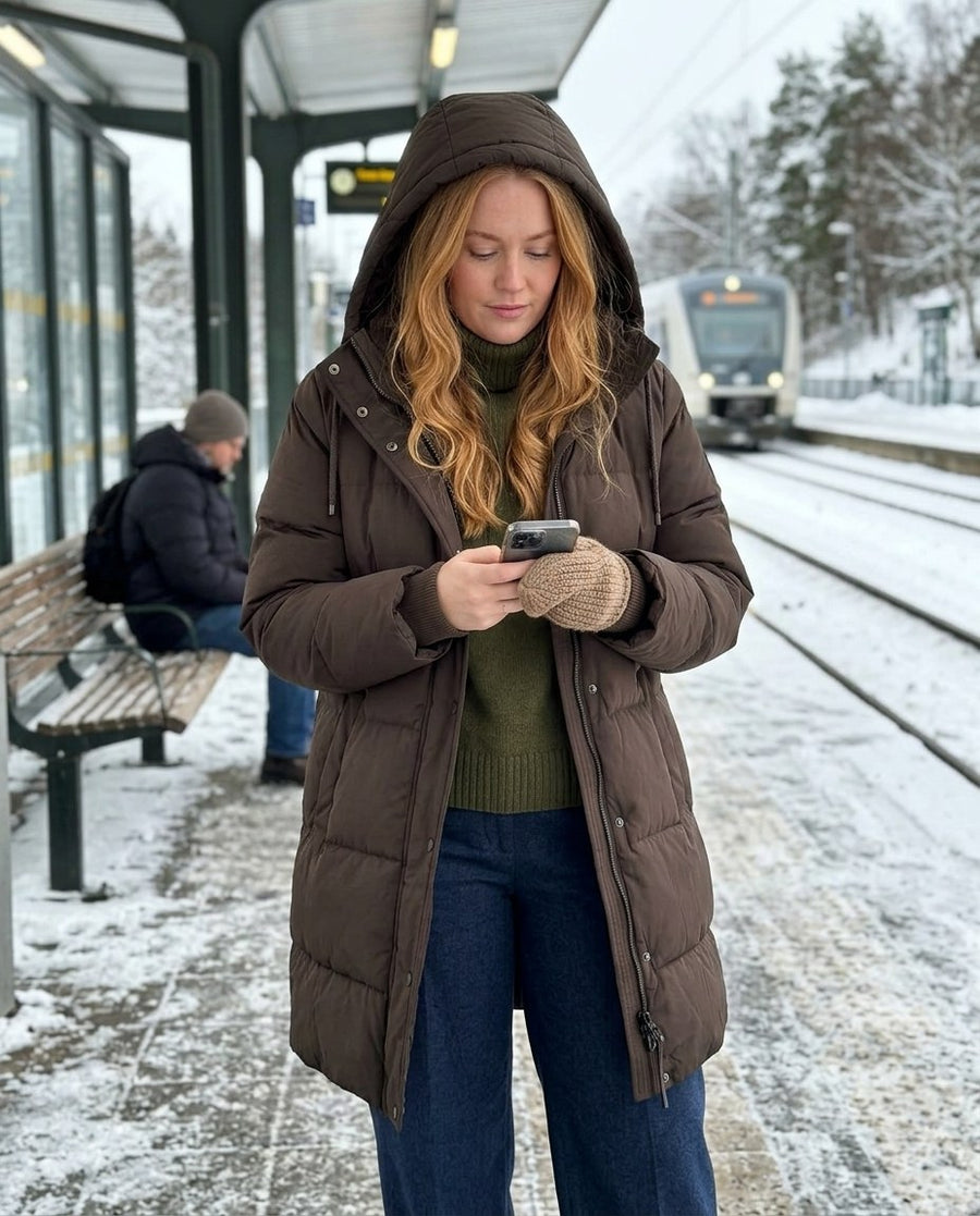 Tyra, lång vadderad jacka med huva för dam i brun, stylinginspiration på en perron
