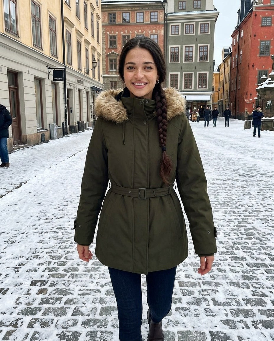 Ellen, parkas med huva för dam i mörkgrön, stylinginspiration på en snöig gata