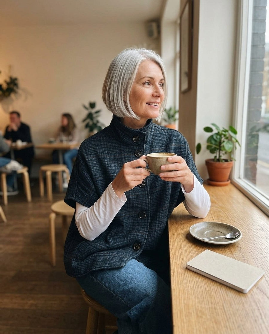 Liv, rutig cape i ullmix för dam i mörkblå, stylinginspiration på ett kafé