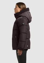 Signe, wattierte Jacke in Dunkelbraun mit Kapuze, von der Seite