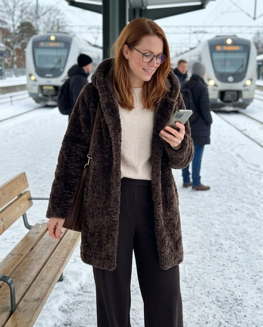 Tove, teddykappa med huva för dam i brun, stylinginspiration på en perron