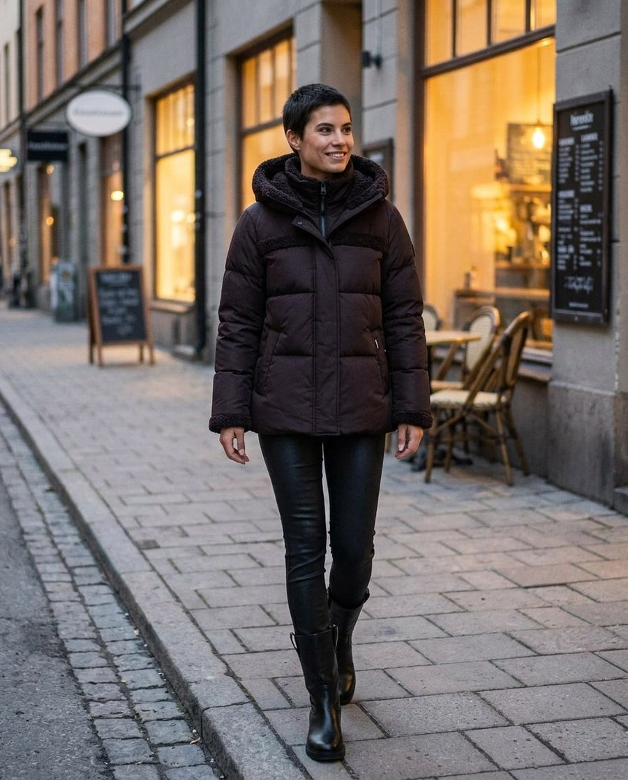 Signe, vadderad 2-i-1-jacka med huva för dam i mörkbrun, stylinginspiration en kväll i stan