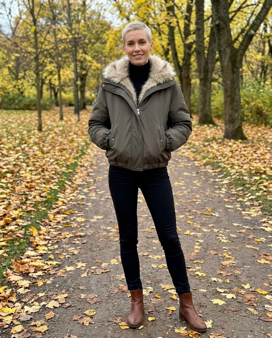 Svea, vadderad bomberjacka med hög krage för dam i mörk olivgrön, stylinginspiration i en höstpark