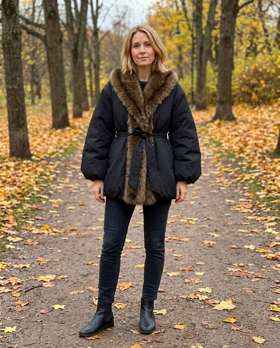 Tilda, vadderad damjacka med fuskpälskrage och skärp i svart, stylinginspiration i en höstpark