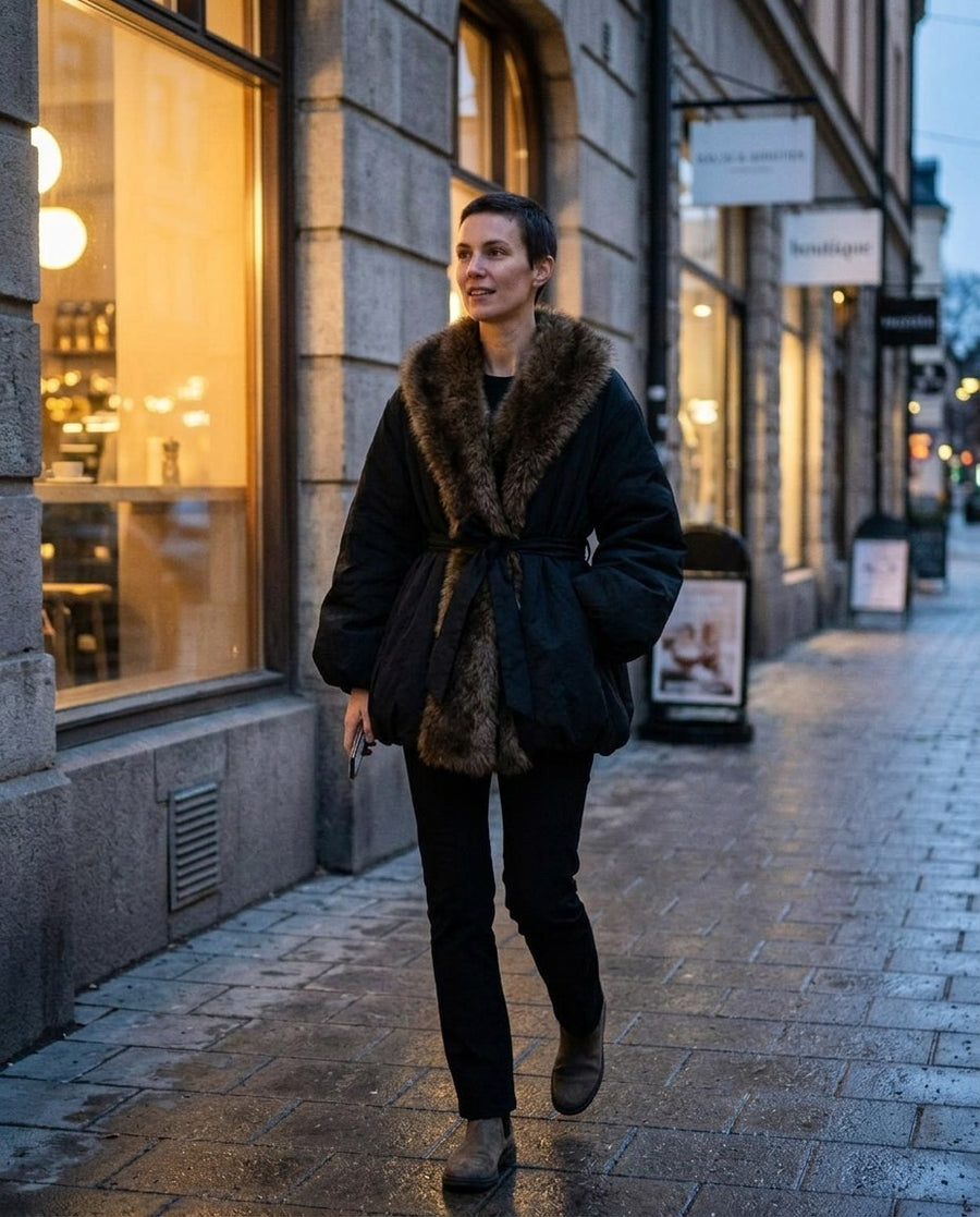 Tilda, vadderad damjacka med fuskpälskrage och skärp i svart, stylinginspiration en kväll i stan